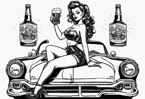 pinup doll sitting on the hood of a classic vintage car drinking a beer tattoo idea