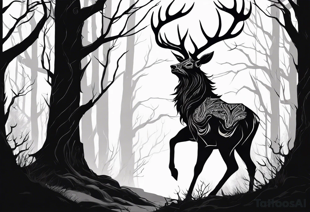 A scary dead lore accurate wendigo side profile surrounded by a forest fire in background tattoo idea