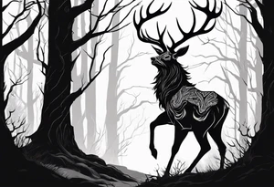 A scary dead lore accurate wendigo side profile surrounded by a forest fire in background tattoo idea