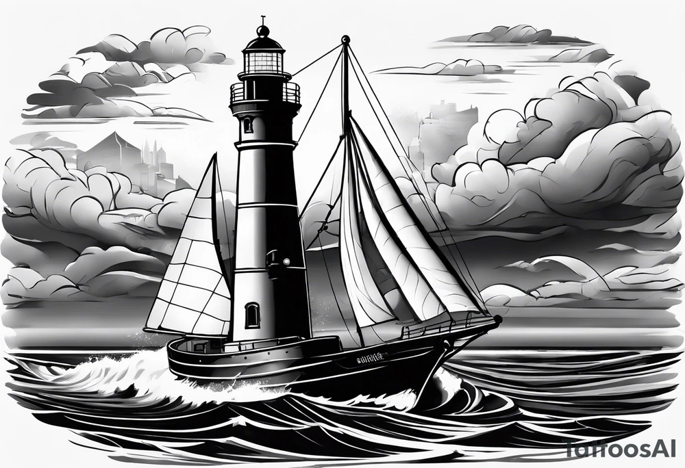 phare maritime dans un bateau entouré de voiles. tattoo idea