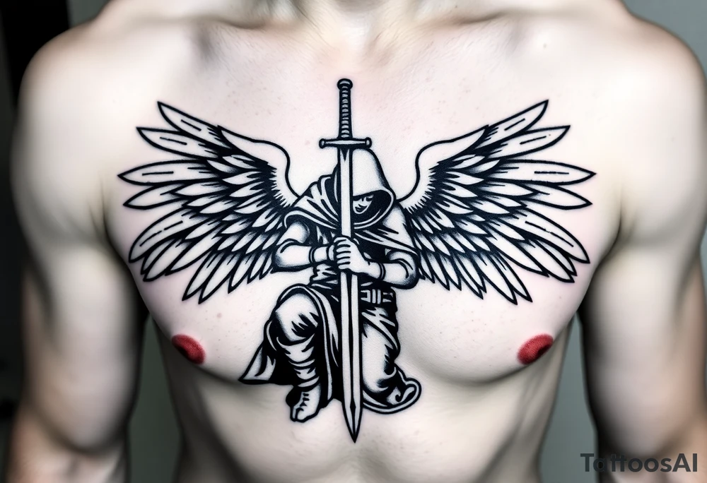 Warrior Angel with long sword  kneeling looking down cloak over head wings
 spread tattoo idea