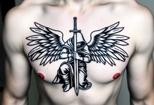 Warrior Angel with long sword  kneeling looking down cloak over head wings
 spread tattoo idea