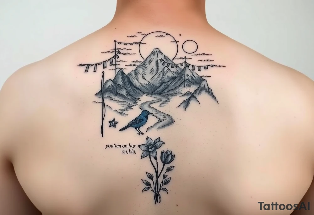 create an upper arm sleeve with buddhist prayer flags, mountain, river, "you're on your own, kid", little blue bird, daffodil, and full moon tattoo idea
