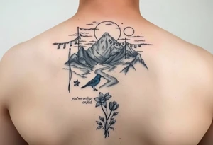 create an upper arm sleeve with buddhist prayer flags, mountain, river, "you're on your own, kid", little blue bird, daffodil, and full moon tattoo idea