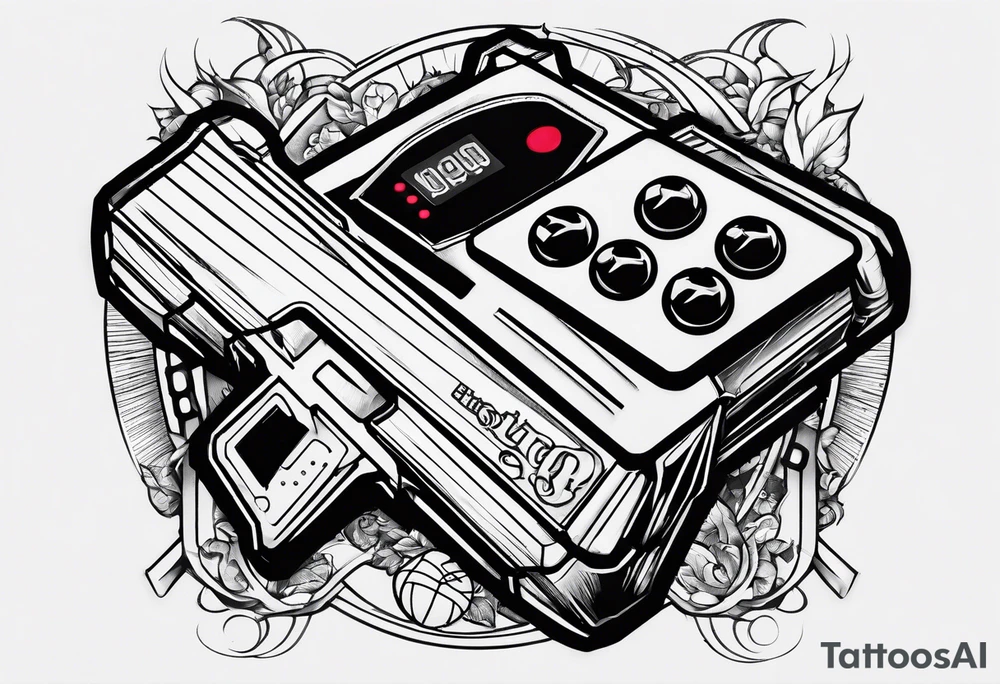 A forearm tattoo that includes a basketball hoop and a cross and a video game controller tattoo idea