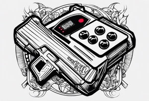 A forearm tattoo that includes a basketball hoop and a cross and a video game controller tattoo idea