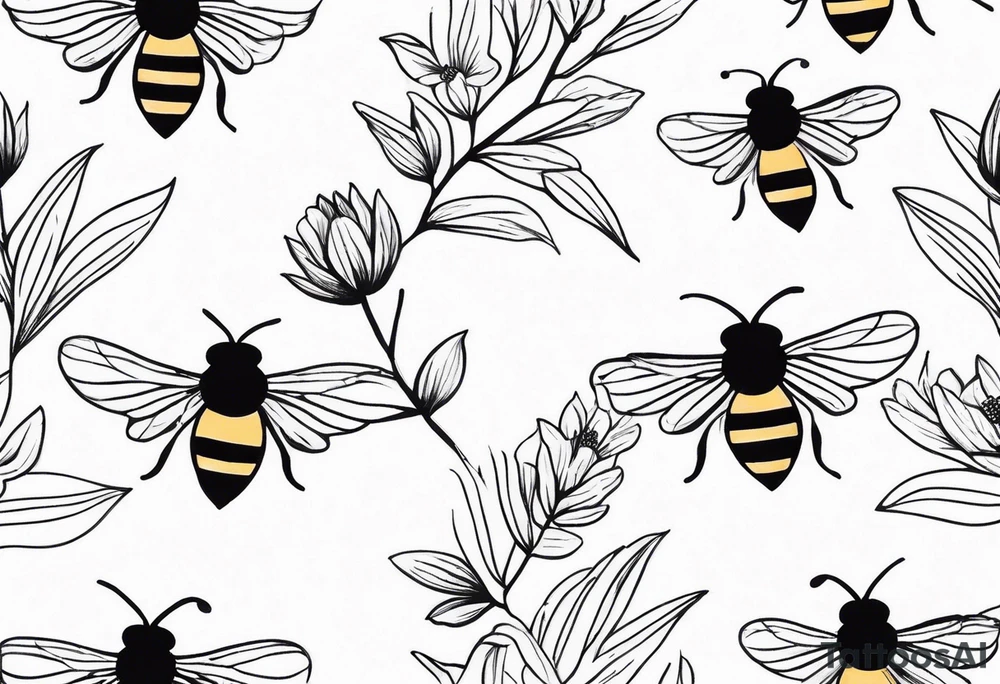 Arm wrap floral dainty soft leaves with bee tattoo idea