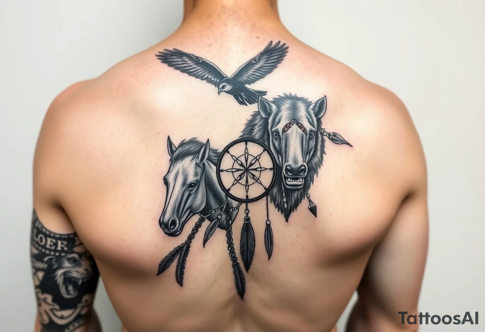 Native American 3/4 arm sleeve with black and grey realism featuring a raven, wild horses, a grizzly with scars over his eyes, and a dream catcher tattoo idea