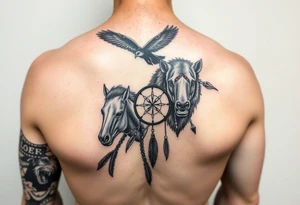 Native American 3/4 arm sleeve with black and grey realism featuring a raven, wild horses, a grizzly with scars over his eyes, and a dream catcher tattoo idea