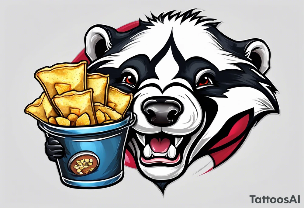 Angry badger with mouth open holding bag of chips tattoo idea