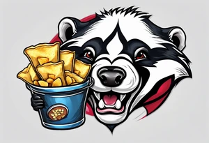 Angry badger with mouth open holding bag of chips tattoo idea