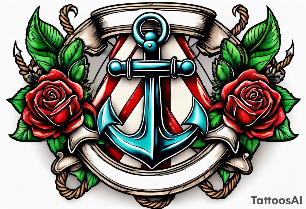 old school anchor with rope wrapped around anchor and banner across anchor and old school roses tattoo idea