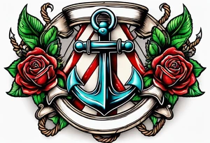 old school anchor with rope wrapped around anchor and banner across anchor and old school roses tattoo idea