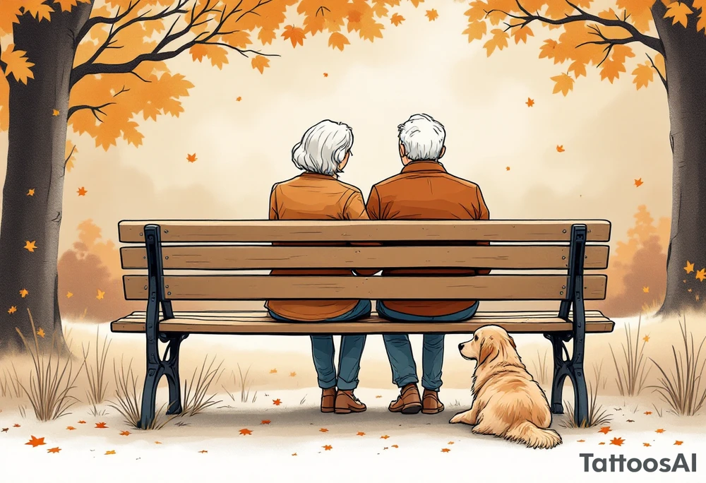 Envision a peaceful park scene with an elderly couple sitting together on a wooden bench, their hands gently resting together. At their feet lies a golden retriever, gazing up at them with a loyal and loving look. Autumn leaves gently fall in the background, evoking warmth, comfort, and timeless companionship. In elegant script, a touching message reads:
“Your life journey is an inspiration – congratulations on your 80th birthday! With love, your Albi team.”
The illustration carries a slightly more realistic, sentimental tone—ideal for a meaningful and emotional birthday tribute. tattoo idea