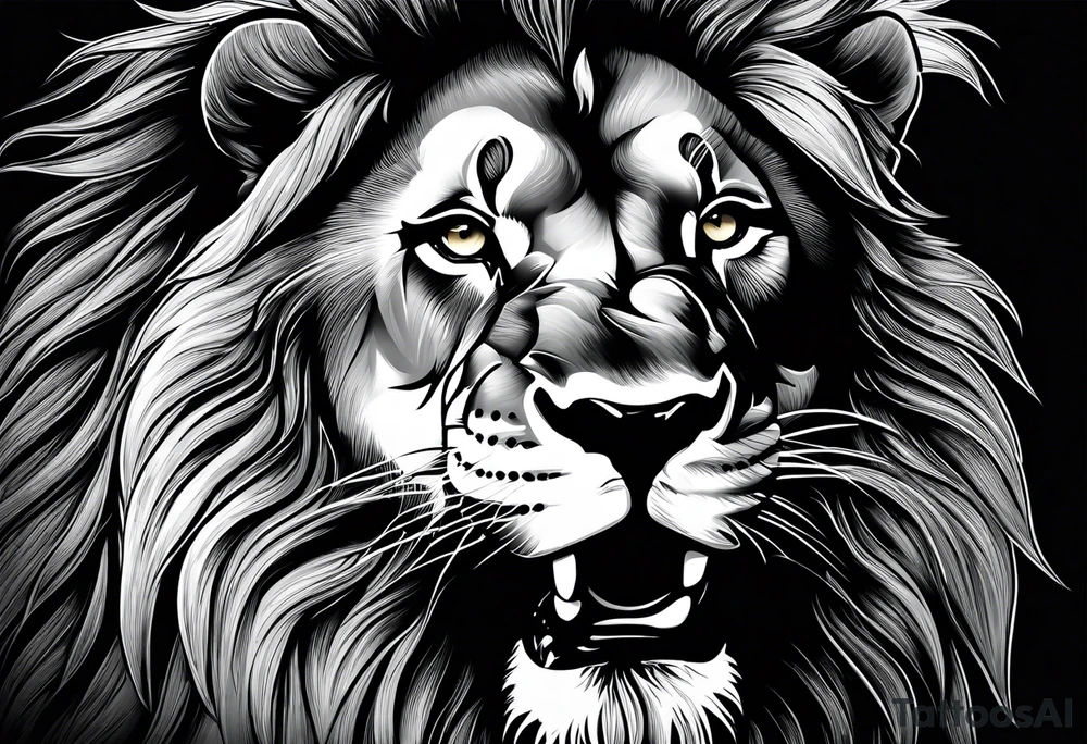 A roaring lion’s face with a flowing mane, emphasizing strength and courage, detailed fur textures tattoo idea