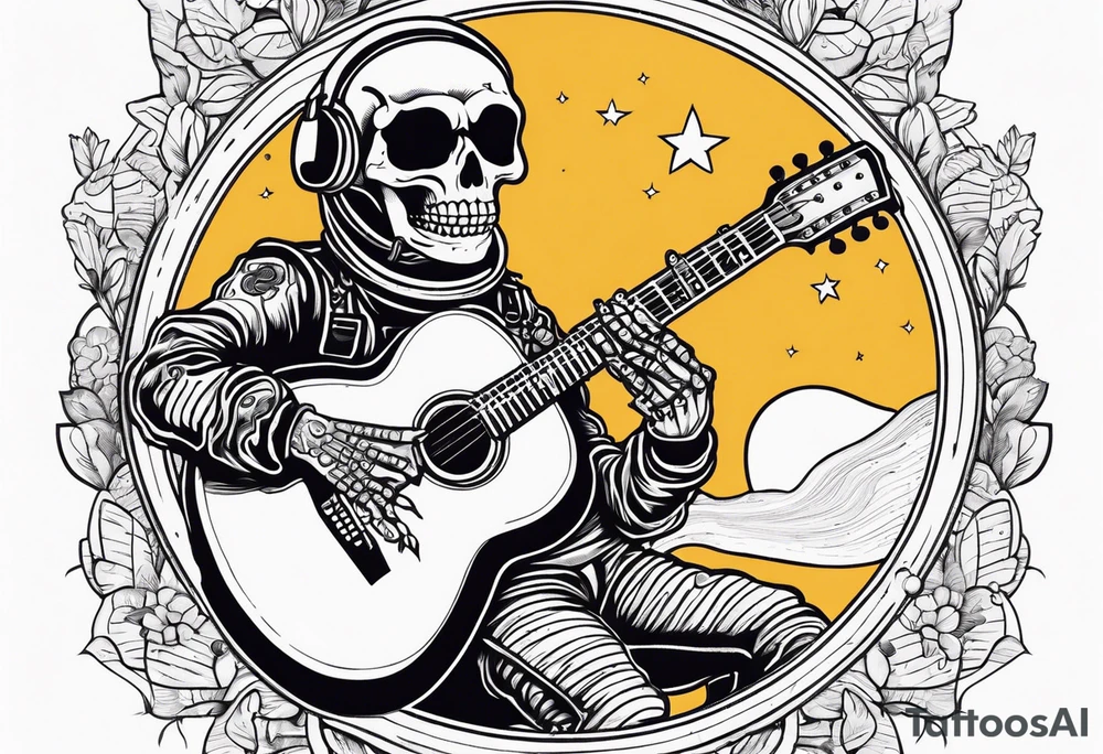 Skeleton astronaut playing acoustic guitar tattoo idea