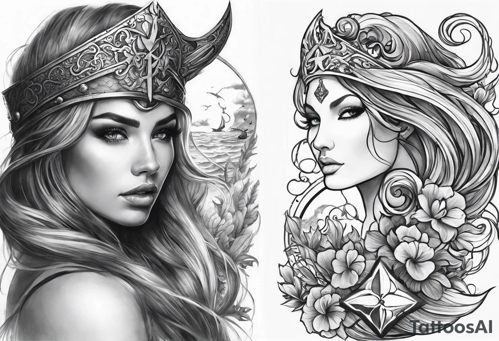 "I want to get a full sleeve tattoo with a sea theme. It should include a half-naked Viking woman, an anchor, a heart, a cross, and a half-naked mermaid. tattoo idea