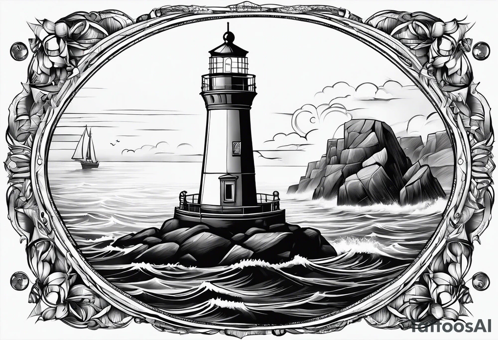 phare maritime dans un bateau a voiles vu du devant. tattoo idea