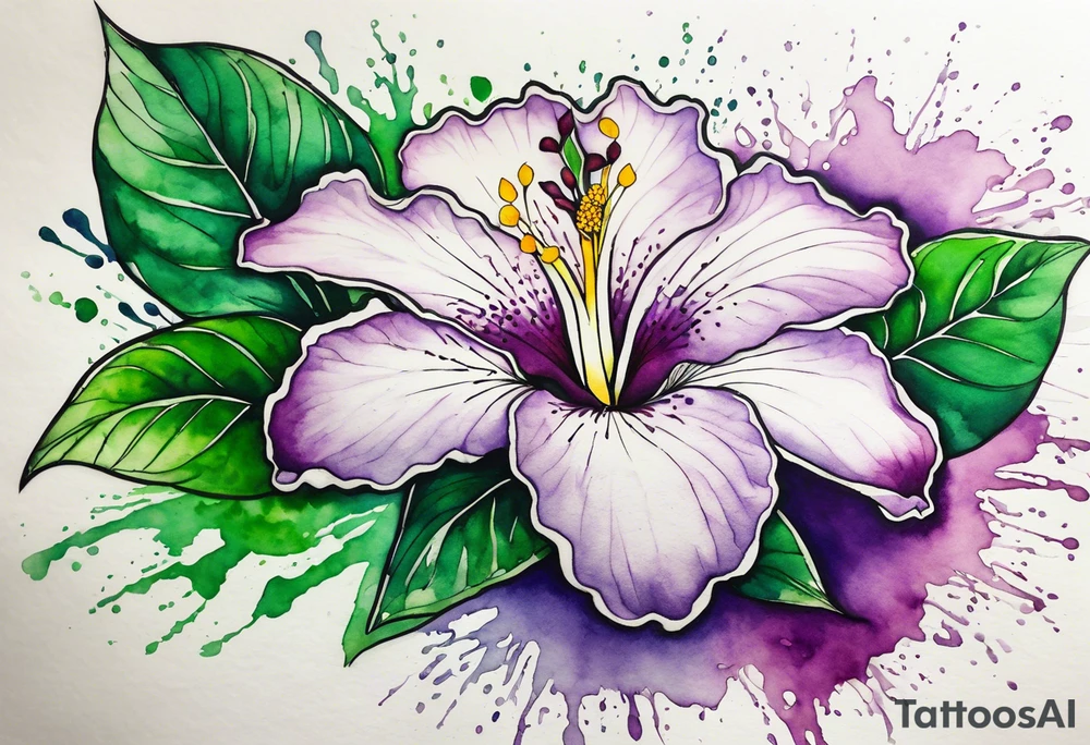 An outline of an only green rio dipladenia flower and a green and purple watercolor splash in the background tattoo idea