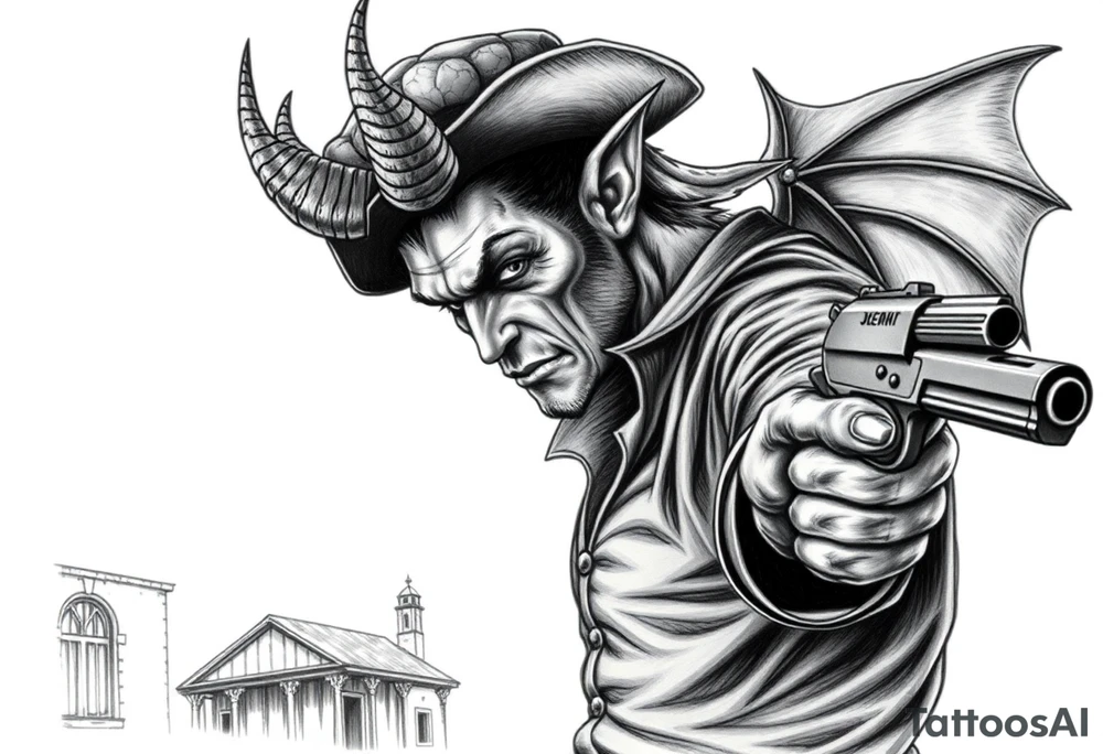 a demon in cowboy-clothing,a gun in a hand,old buildings in the background. tattoo idea