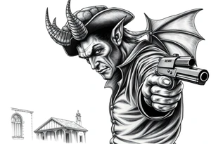a demon in cowboy-clothing,a gun in a hand,old buildings in the background. tattoo idea
