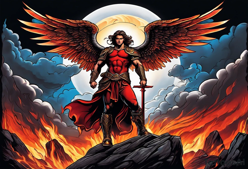 Michael the Archangel standing on top of the devil laying on rock over hot lava.  Clouds and lightning in background. tattoo idea
