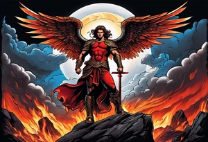 Michael the Archangel standing on top of the devil laying on rock over hot lava.  Clouds and lightning in background. tattoo idea
