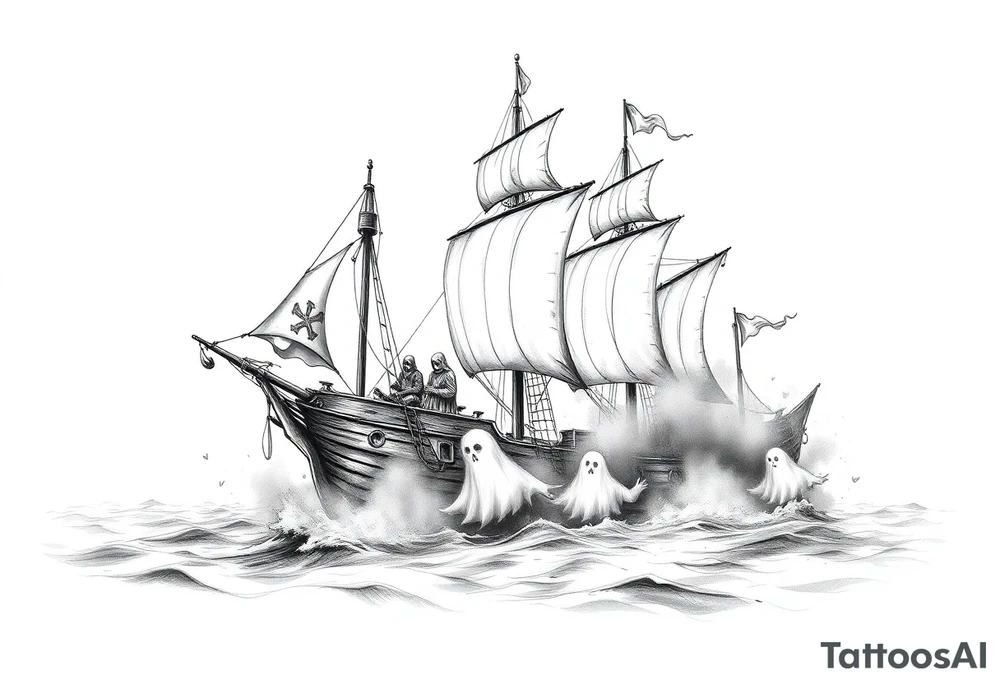 pirat-ship with ghosts surrounded by fog on sea. tattoo idea