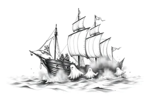 pirat-ship with ghosts surrounded by fog on sea. tattoo idea