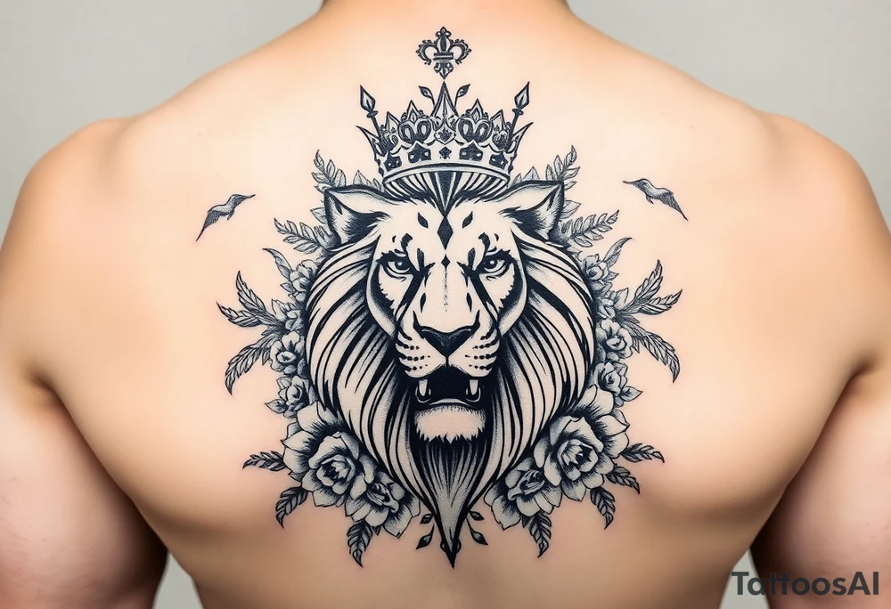 powerful majestic lion with a crown, surrounded by floral ornaments and birds tattoo idea