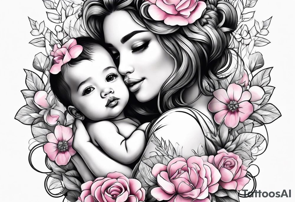 a cute girl with baby flower pink color tattoo idea
