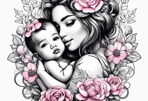 a cute girl with baby flower pink color tattoo idea