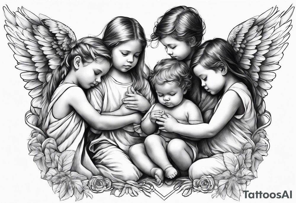 Six angels praying together.Three boys and girls angels, with their wings gently unfolding a baby angel in a protective embrace tattoo idea