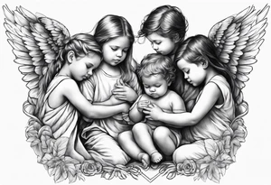 Six angels praying together.Three boys and girls angels, with their wings gently unfolding a baby angel in a protective embrace tattoo idea