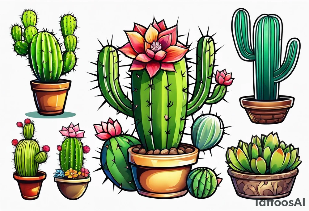 Cartoon style cactus tattoo idea