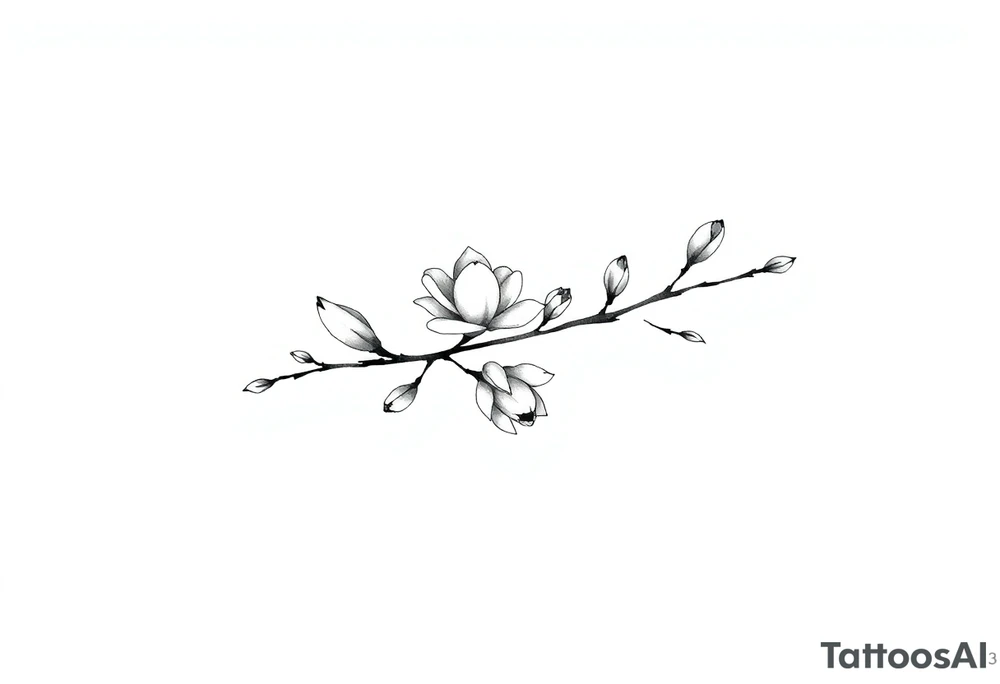 Magnolia branch long with different small almost closed flowers, with botanical details and dots tattoo idea