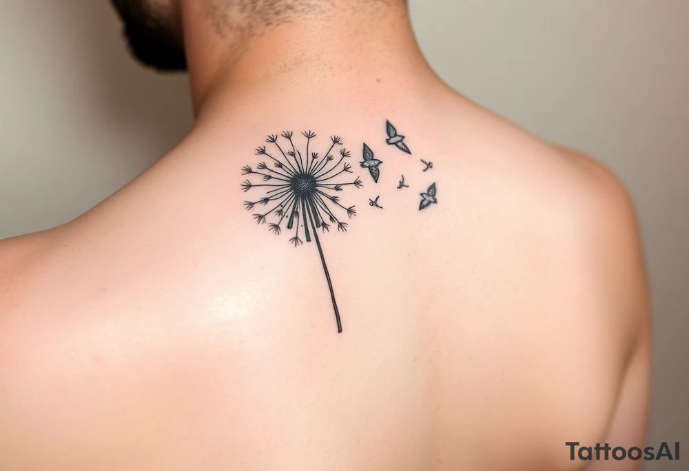 Dandelion tattoo representing motherhood, blowing in the wind giving myself to the next generation. Five birds for my children and two white birds for the children I lost. Whimsical and fine line. tattoo idea