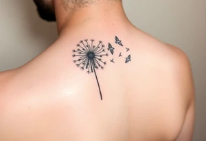 Dandelion tattoo representing motherhood, blowing in the wind giving myself to the next generation. Five birds for my children and two white birds for the children I lost. Whimsical and fine line. tattoo idea