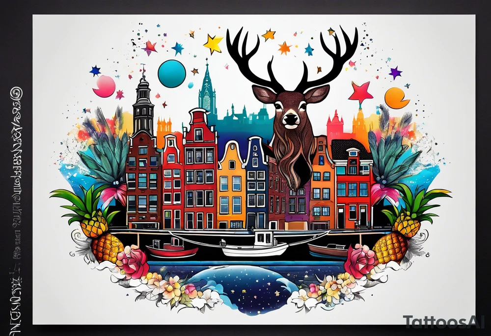 stag featuring colours of the universe and galaxies and pineapples in amsterdam city featuring Amsterdam buildings and canal tattoo idea