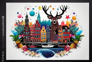 stag featuring colours of the universe and galaxies and pineapples in amsterdam city featuring Amsterdam buildings and canal tattoo idea