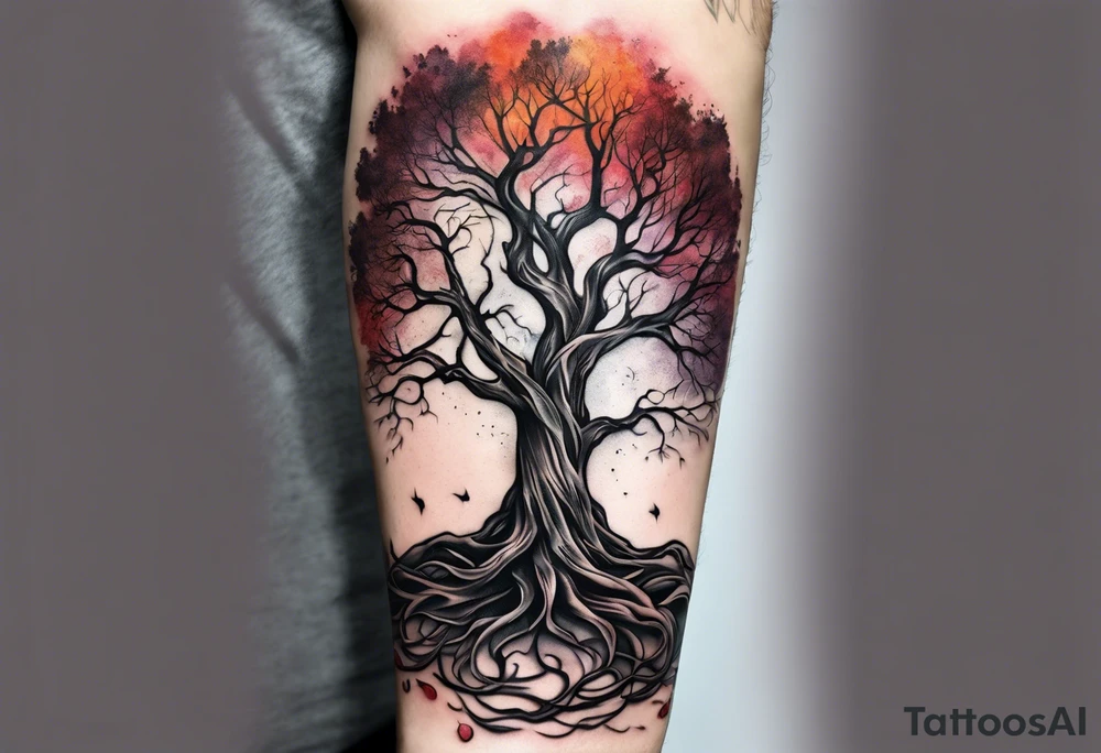 Tree roots wrapping around wrist leading to tree around forearm tattoo idea