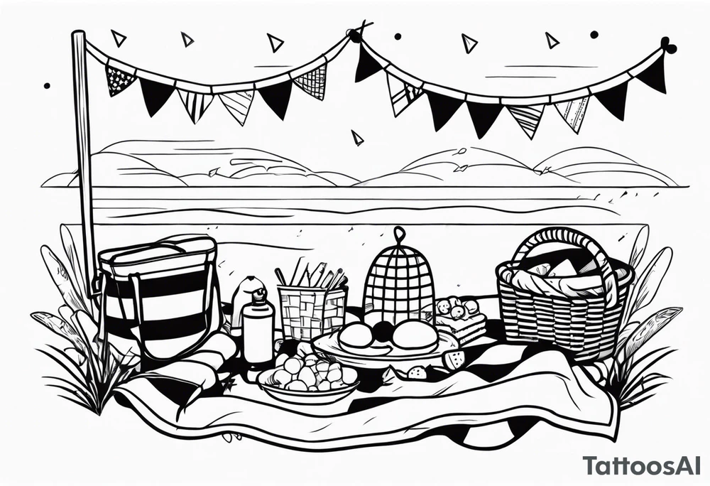 picnic scene with a sheckers blanket, basket, pillows and party pennants. Thin lines. tattoo idea