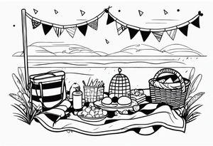 picnic scene with a sheckers blanket, basket, pillows and party pennants. Thin lines. tattoo idea