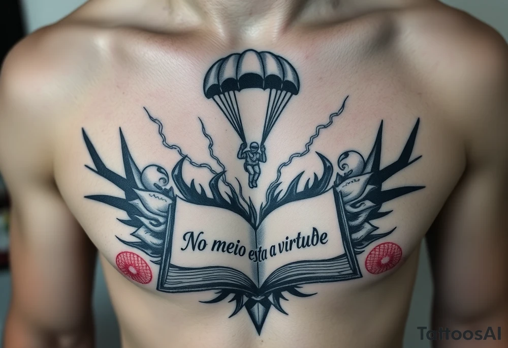 A parachuting soldier landing into an open book. Chaos surrounding, but the book is protecting the soldier from it. On the chest. Make the tattoo smaller. Make it thought provoking. "No meio esta a virtude" underneath the book. Make the chaos in the environment be a thunderstorm tattoo idea