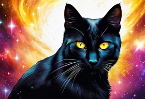 Black Cat with yellow eyes, colorful nebula in background tattoo idea