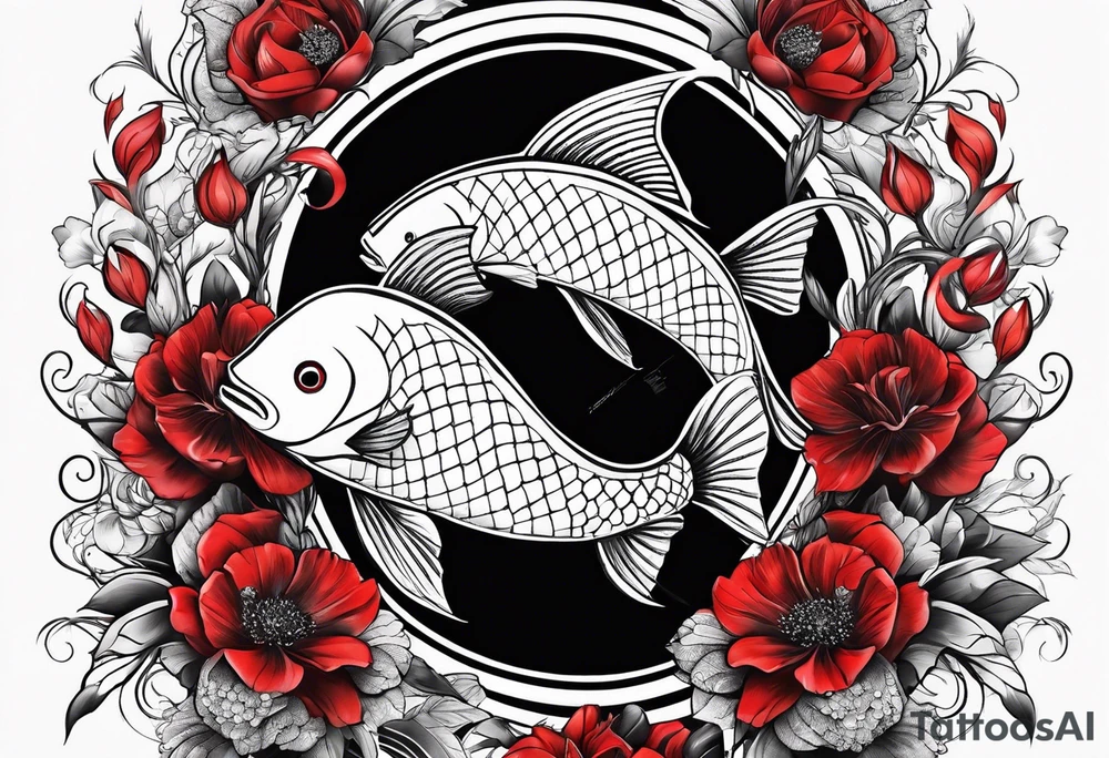pisces with black and red flowers tattoo idea