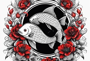 pisces with black and red flowers tattoo idea