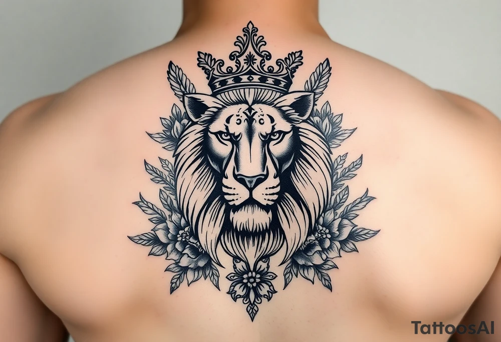 powerful majestic lion with a crown, surrounded by floral ornaments and birds tattoo idea