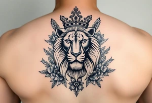 powerful majestic lion with a crown, surrounded by floral ornaments and birds tattoo idea