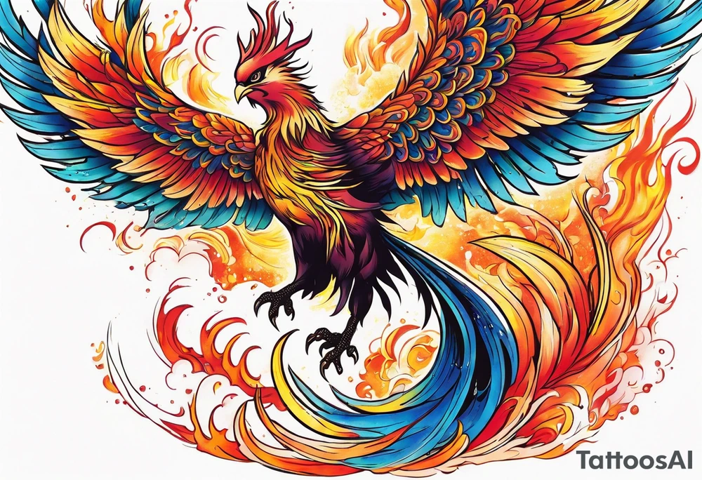 colorful phoenix claws open rising from ashes tattoo idea